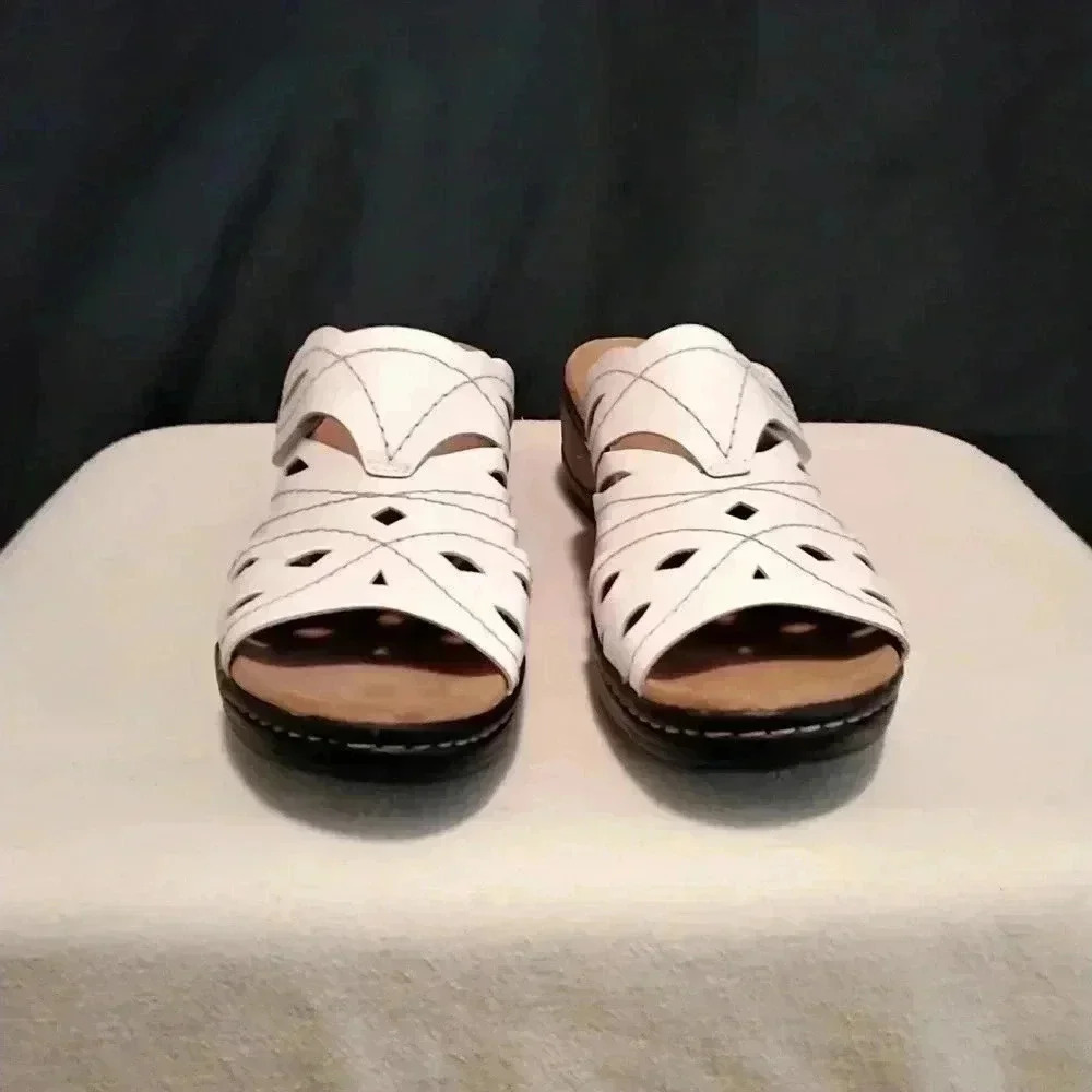 Clarks White Leather Cutout Slide Sandals
